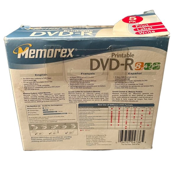 MEMOREX Printable DVD-R 8 X 4.7 GB 120 Min 5 Pack - Picture 2 of 3